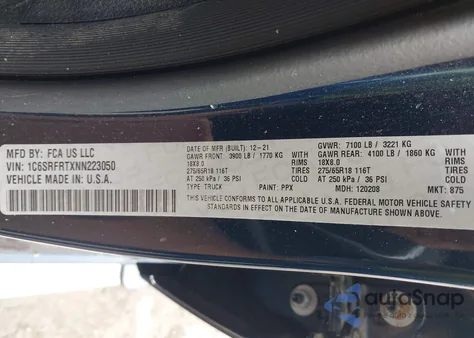 2022 Ram 1500 Laramie 4X4 6'4 Box z USA, uszkodzony, nr VIN 1C6SRFRTXNN223050